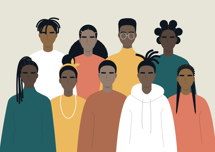 Black community, African people gathered together, a set of male and female characters wearing casual clothes and different hairstyles