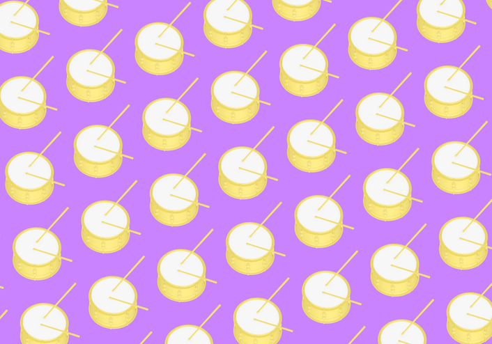 Yellow snare drums and drumsticks on purple background. Minimal drums pattern, 3d illustration